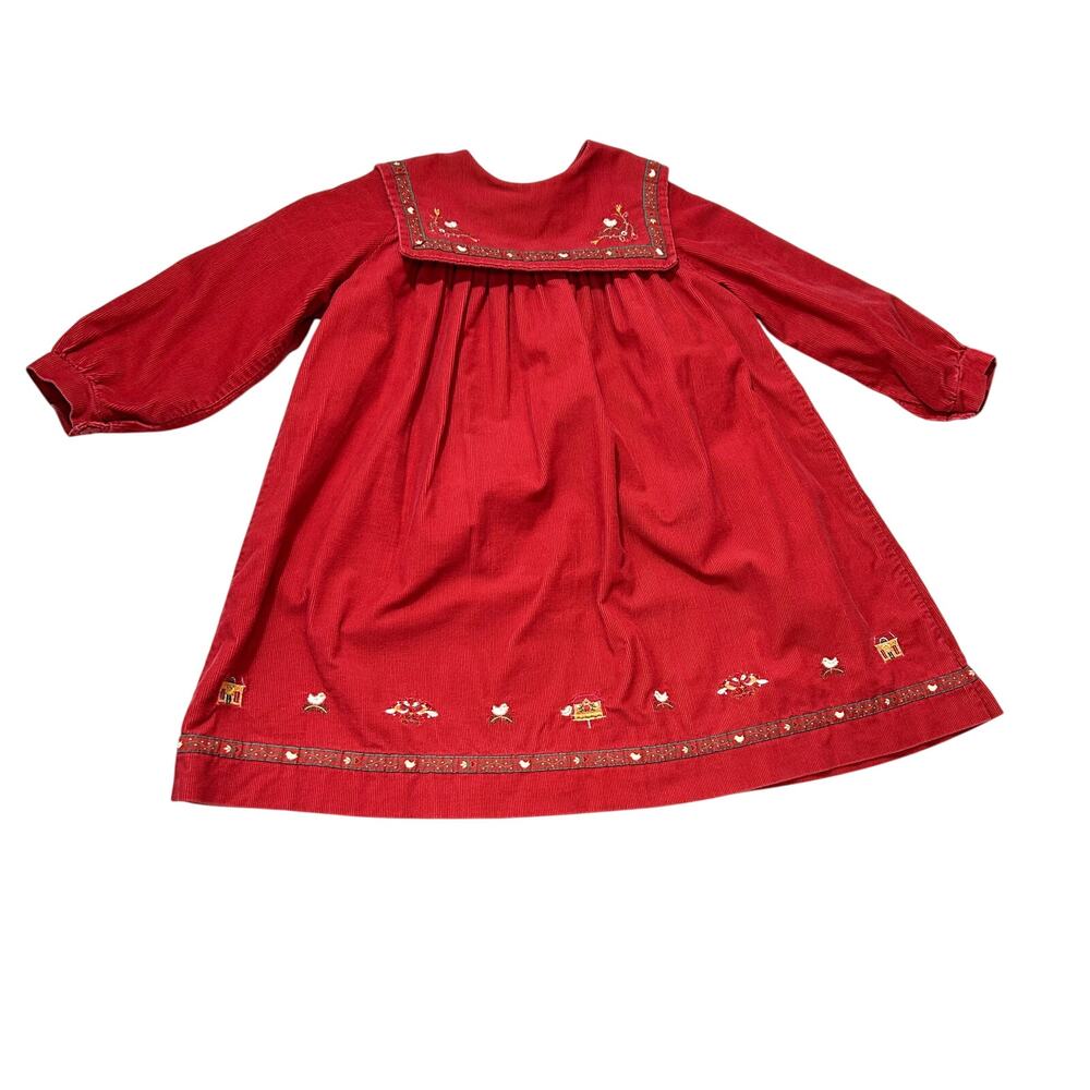 VTG 90s Jacadi Paris 3T Red Corduroy Sailor Collar Birdhouse Dress Embroidered